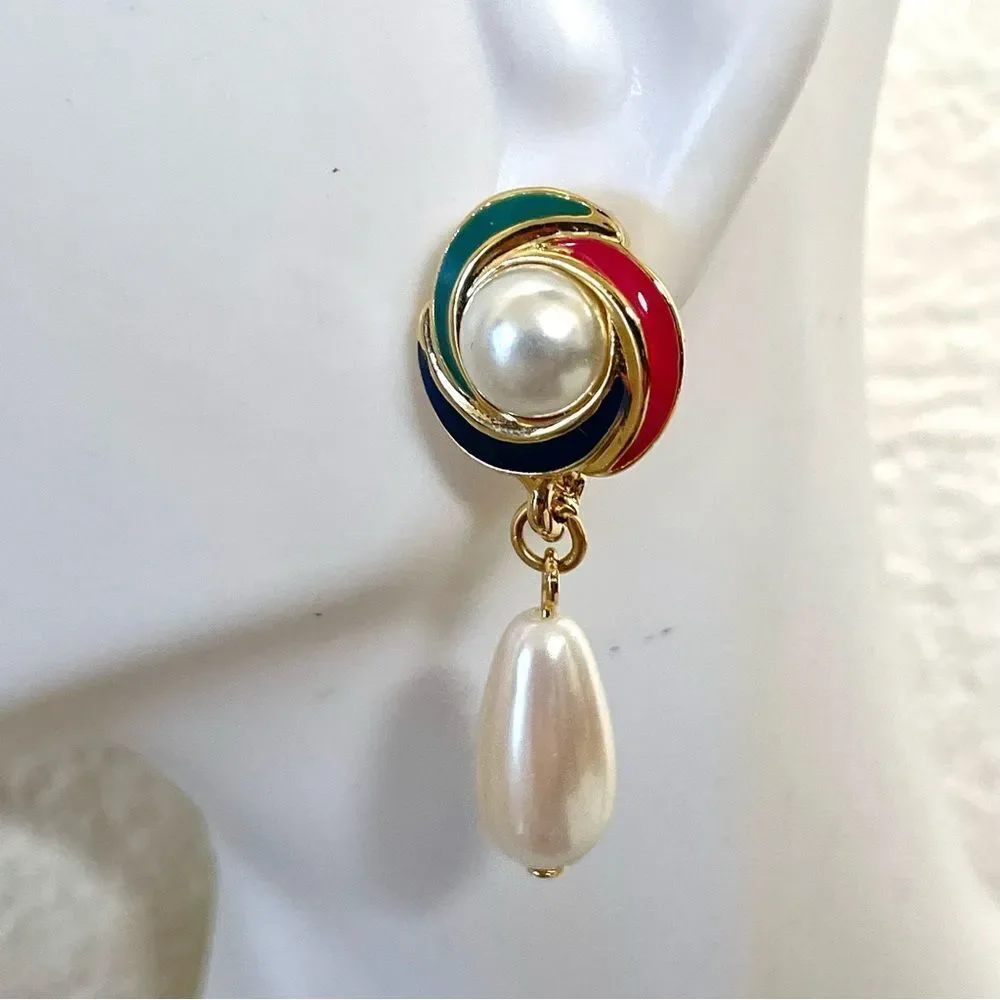 Gold tone colorful faux Pearl drop earrings